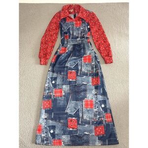 Vintage 70s Maxi Dress Patchwork Bandana Collared Blue Red 70s